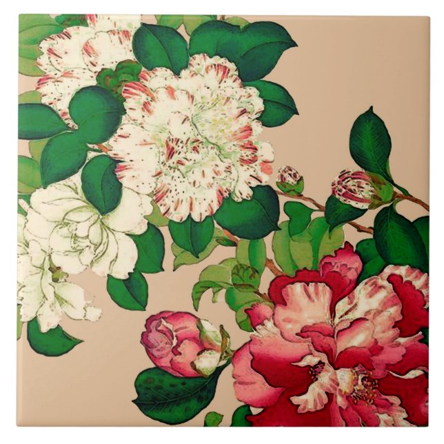 VintagejapanCamellias. Djupt - rosor på beige Kakelplatta (Framsidan)