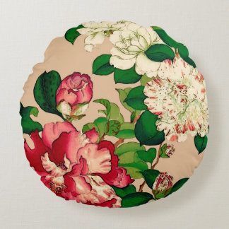 VintagejapanCamellias. Djupt - rosor på beige Rund Kudde