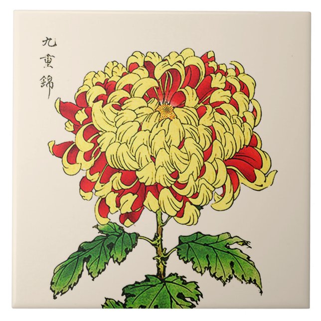 VintagejapanChrysanthemum. Senapsgult Kakelplatta (Framsidan)