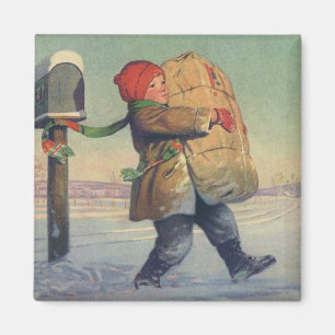 Vintagejul, barn med det stora paket magnet
