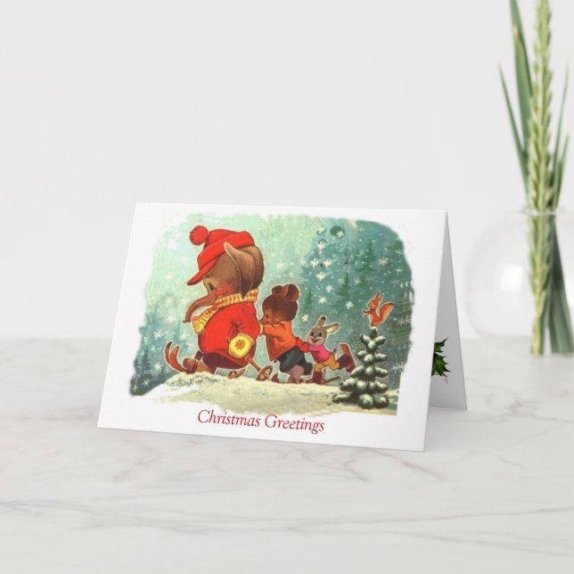 Vintagejul, djur som lärer att skida helgkort (Framsida)