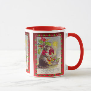 Vintagejul, katt bland dekorationer mugg