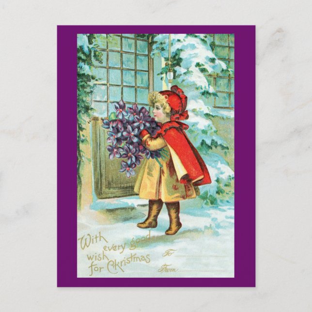 Vintagejul - liten flicka med Violets Helg Vykort (Framsida)