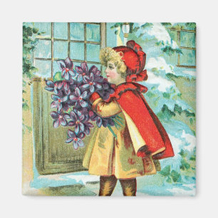 Vintagejul liten flicka & Violets Magnet