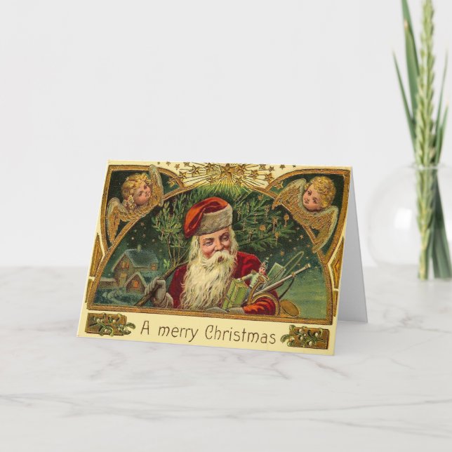 Vintagejul Santa med Cherubänglar Helgkort (Framsida)