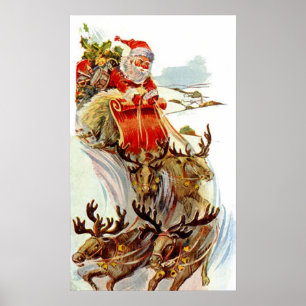 Vintagejul Santa och renSleightryck Poster