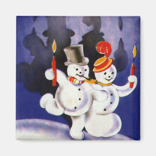 Vintagejul som dansar snögubbear med stearinljus magnet