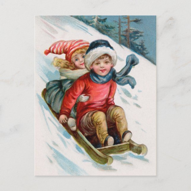 Vintagejul som Sledding vykort (Framsida)
