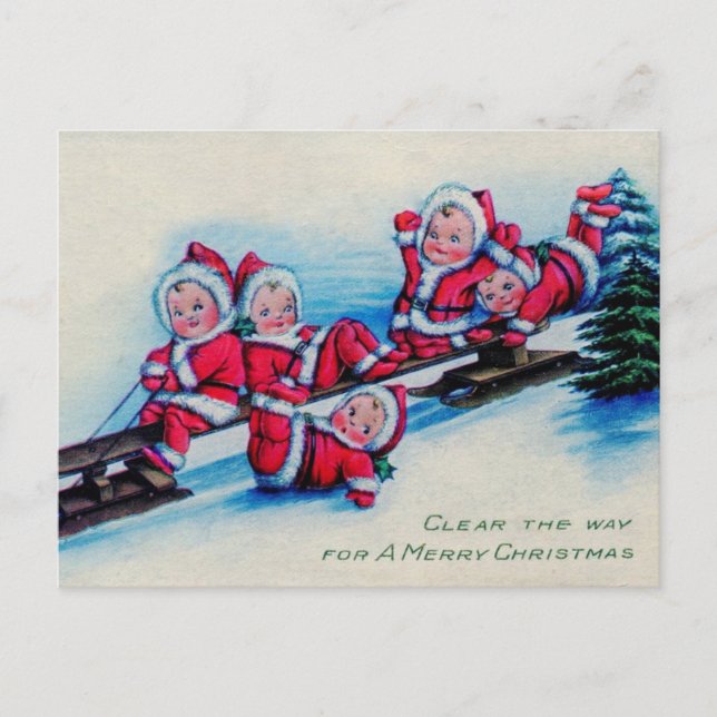 Vintagejulbabyar på sleden helg vykort (Framsida)