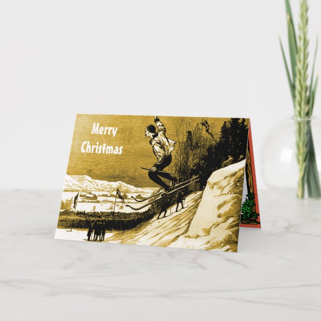 Vintagejulen, skidar tävlingvinnaren, guld helgkort (Framsida)