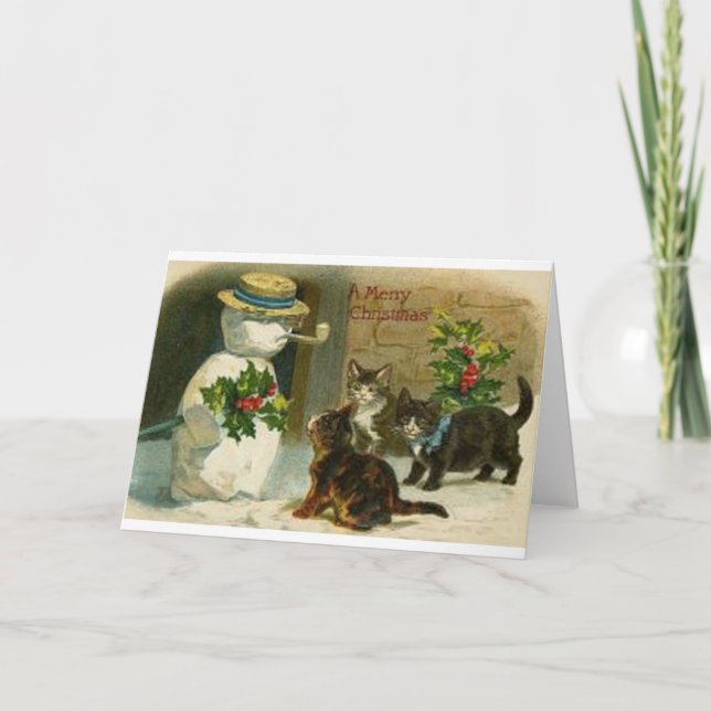 Vintagejulkatter och snögubbehälsningkort helgkort (Framsida)