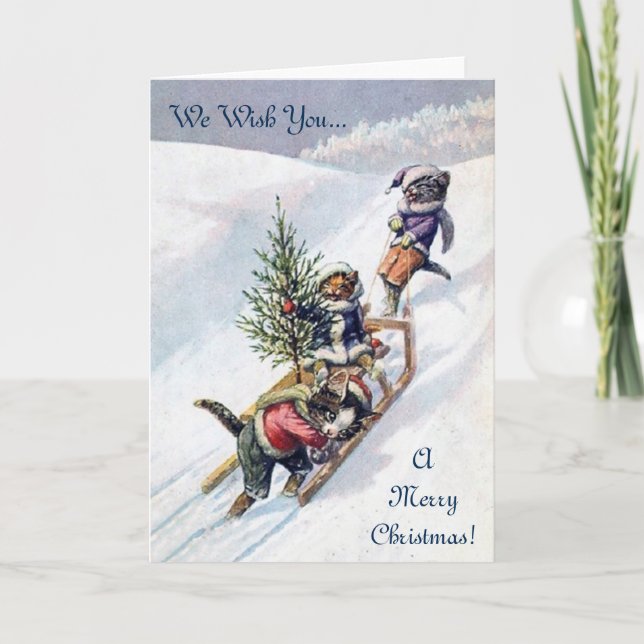 Vintagejulkort, katter & julgran helgkort (Framsida)