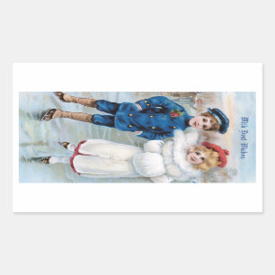 Vintagejulkort med barnskridskoåkning rektangulärt klistermärke