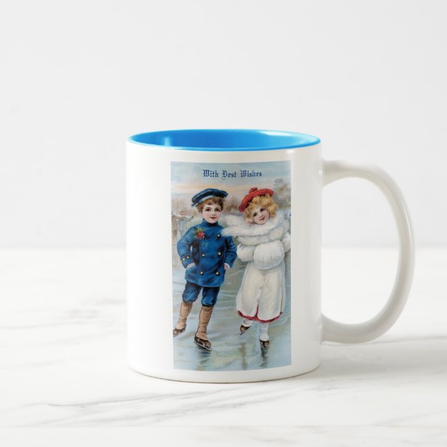 Vintagejulkort med barnskridskoåkning Två-Tonad mugg (Höger)