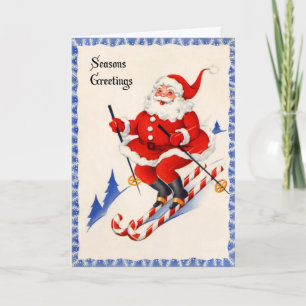 Vintagejulkort - Santa på candy cane skidar Helgkort