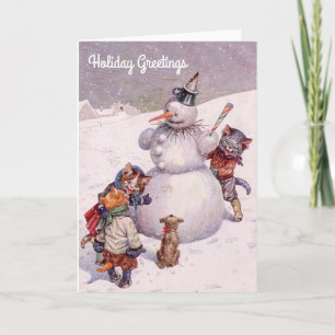 Vintagejulkort, snögubbe & katter helgkort
