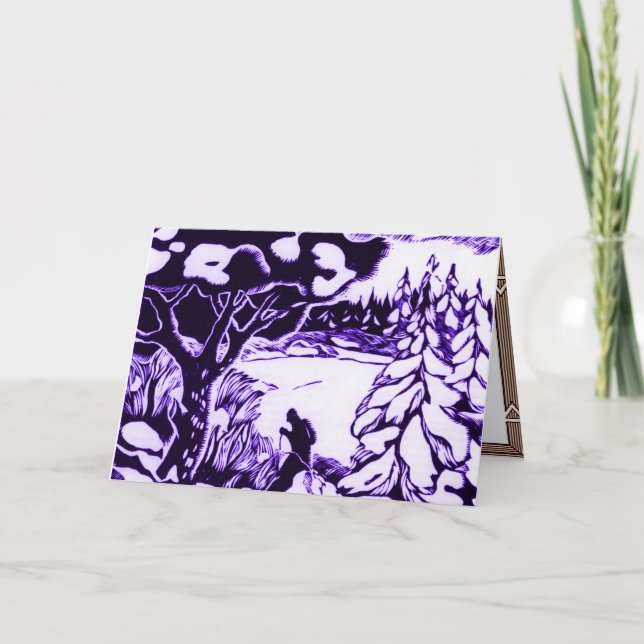 Vintagejulträsnitt, skier i skogen helgkort (Framsida)