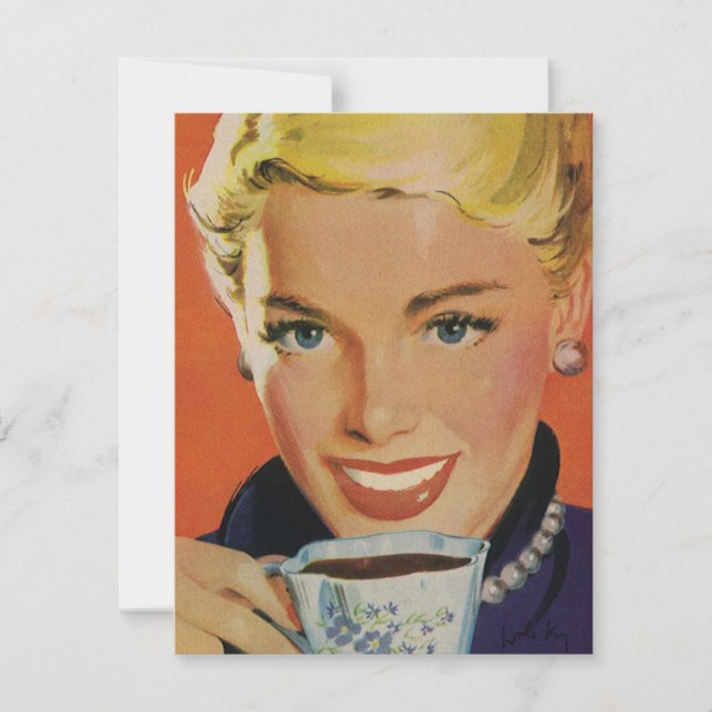 Vintagekaffe, Glad kvinna med retrokaffekopp (Framsida)