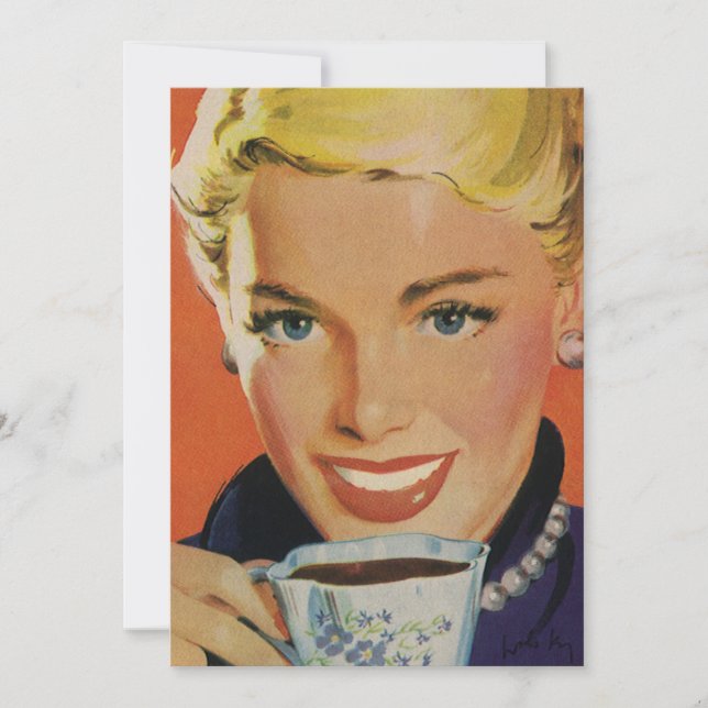 Vintagekaffe, Glad kvinna med retrokaffekopp Inbjudningar (Framsida)