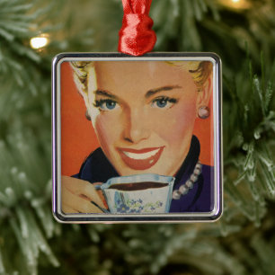 Vintagekaffe, Glad kvinna med retrokaffekopp Julgransprydnad Metall