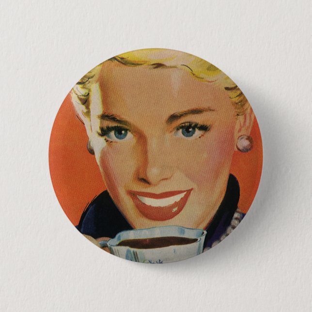 Vintagekaffe, Glad kvinna med retrokaffekopp Knapp (Framsida)