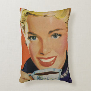 Vintagekaffe, Glad kvinna med retrokaffekopp Prydnadskudde
