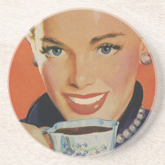 Vintagekaffe, Glad kvinna med retrokaffekopp Underlägg Sandsten (Framsidan)