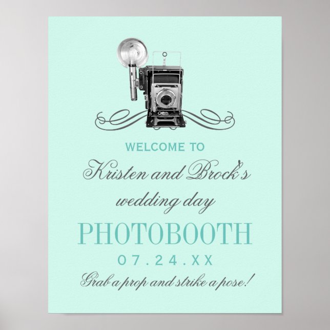 Vintagekamera Aqua Bröllopsfotobåsskylt Poster (Framsidan)