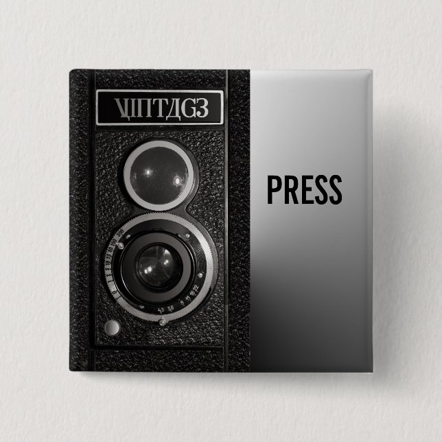 Vintagekamera på massmedia och pressemblem knapp (Framsida)