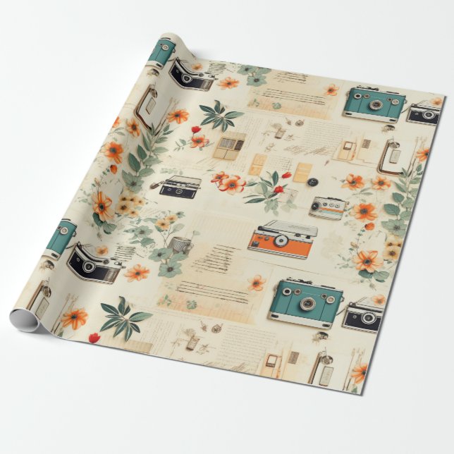 Vintagekamera Radio Blommig Teal Orange Kollage Presentpapper (Utrullad)