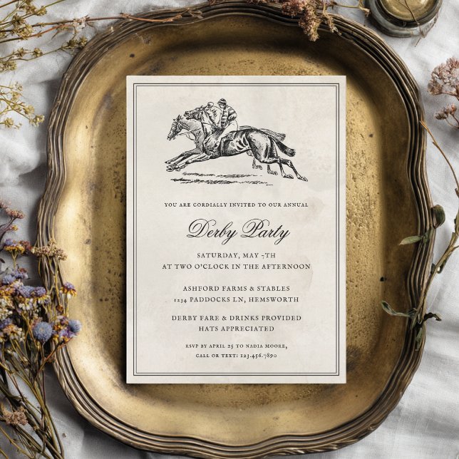 Vintagekapplöpningshästar Elegant Derbyfest Inbjudningar (Horse race themed derby party invitation with a vintage horses illustration and calligraphy script)