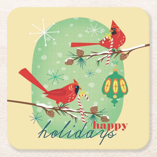 Vintagekardinaler på snöig grästrädgrenar underlägg papper kvadrat (Framsidan)