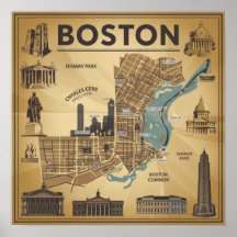Vintagekart över Boston Massachusetts, Boston Ma U
