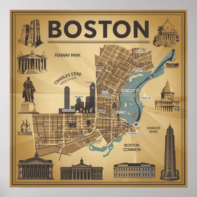 Vintagekart över Boston Massachusetts, Boston Ma U Poster (Framsidan)