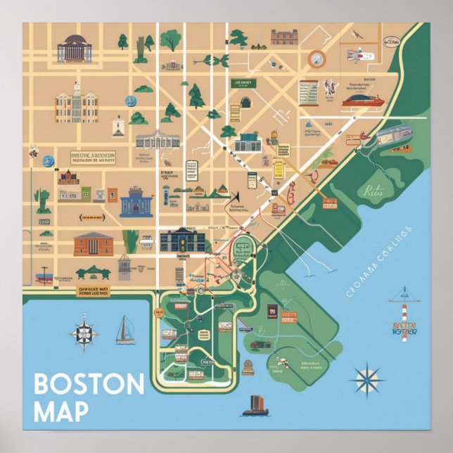 Vintagekart över Boston Massachusetts, Boston Ma U Poster (Framsidan)