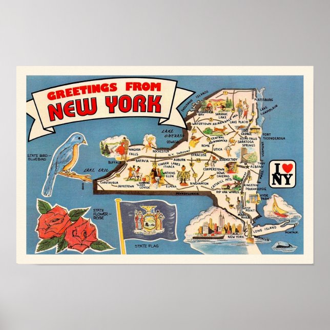 Vintagekart över delstaten New York 18x12 tryck (Framsidan)