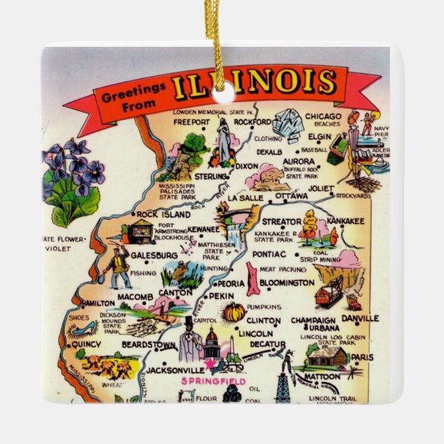 Vintagekart över Illinois Julgransprydnad Keramik (Framsida)