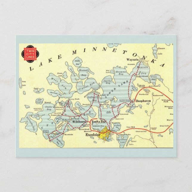 Vintagekart över Lake Minnetonka Vykort (Framsida)