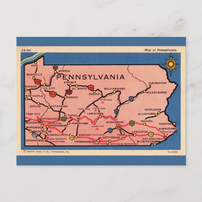 Vintagekart över Pennsylvania  Vykort (Framsida)
