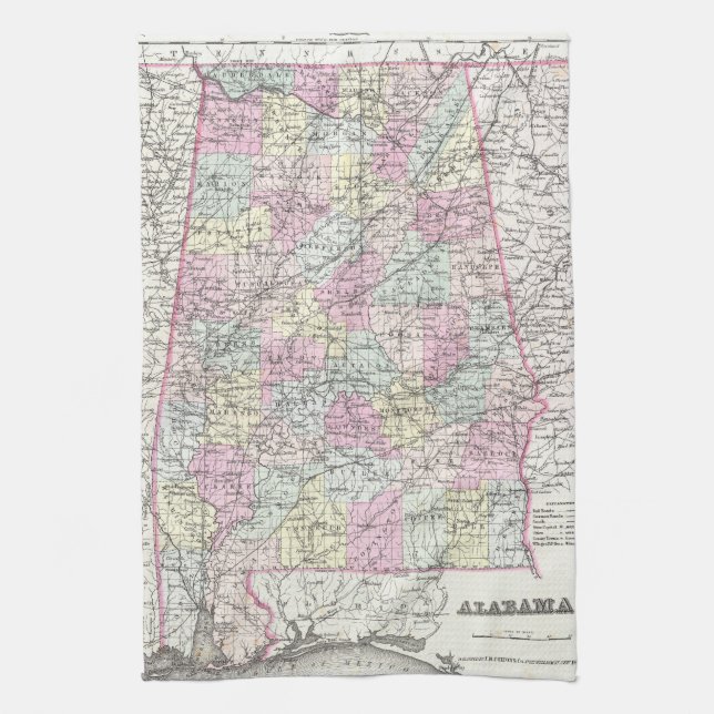 Vintagekarta av Alabama (1855) Kökshandduk (Vertikal)