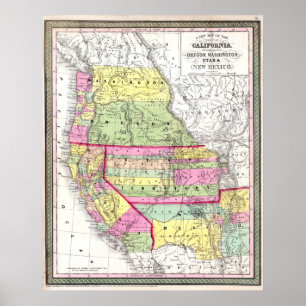 Vintagekarta av amerikanen västra Kalifornien Poster