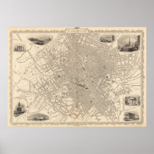 Vintagekarta av Birmingham England (1851) Poster