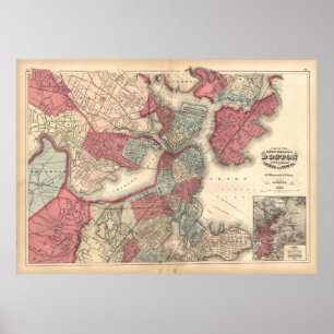 Vintagekarta av Boston Massachusetts (1871) Poster