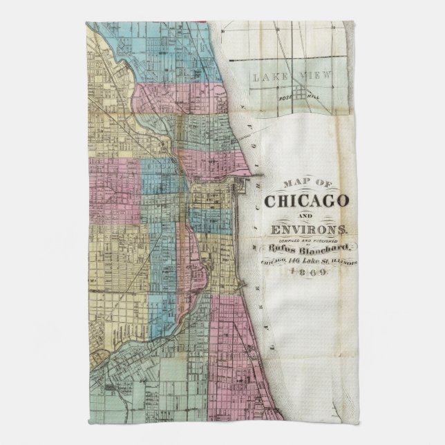 Vintagekarta av Chicago (1869) Kökshandduk (Vertikal)