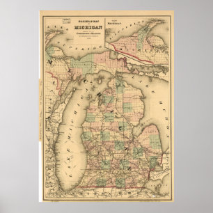 Vintagekarta av de Michigan järnvägarna (1876) Poster