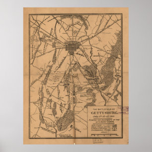 Vintagekarta av den Gettysburg slagfältet (1863) Poster