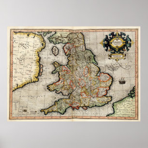 Vintagekarta av England (1596) Poster