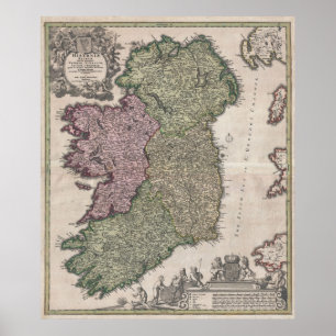 Vintagekarta av Irland (1716) Poster