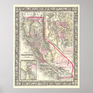 Vintagekarta av Kalifornien, 1866 Poster