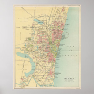 Vintagekarta av Madras Indien (1909) Poster